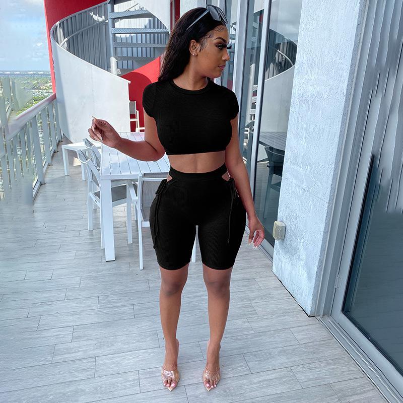 2021 Sexy 2 Pieces Set Homewear Women O Neck Short Sleeve  Solid Color  Crop Tops High Waist Shorts Sport Outfit Tracksuit