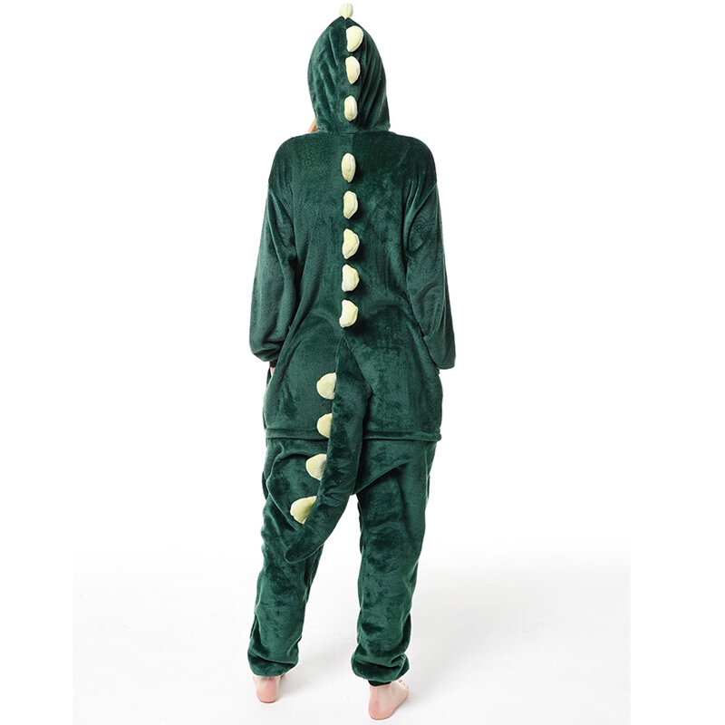 Green Dinosaur Adults Pajamas Winter Women Flannel Sleepwear Unisex Cute Cartoon Animal Pajama Set Kids Hooded Pyjamas Sleepwear