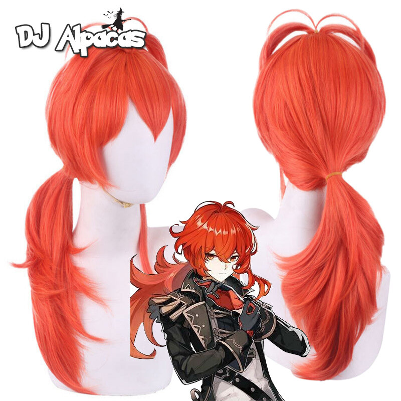 Genshin impacto diluc cosplay peruca cosplay anime perucas cosplay resistente ao calor perucas sintéticas halloween 60cm longo peruca vermelha