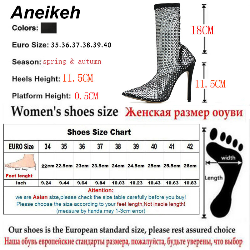 Aneikeh Sepatu Bot Pergelangan Kaki Sandal Ujung Runcing Jaring Berlian Imitasi Bling Musim Panas Sandal Sepatu Jaring Kristal Wanita Hak Tinggi Stiletto