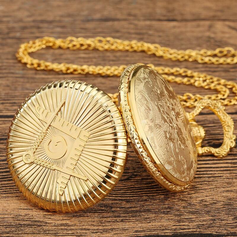 Reloj de bolsillo de cuarzo con temática de logotipo G masónico de mampostería dorada de lujo, esfera redonda estándar, collar de bolsillo, recuerdo de joyería, regalo