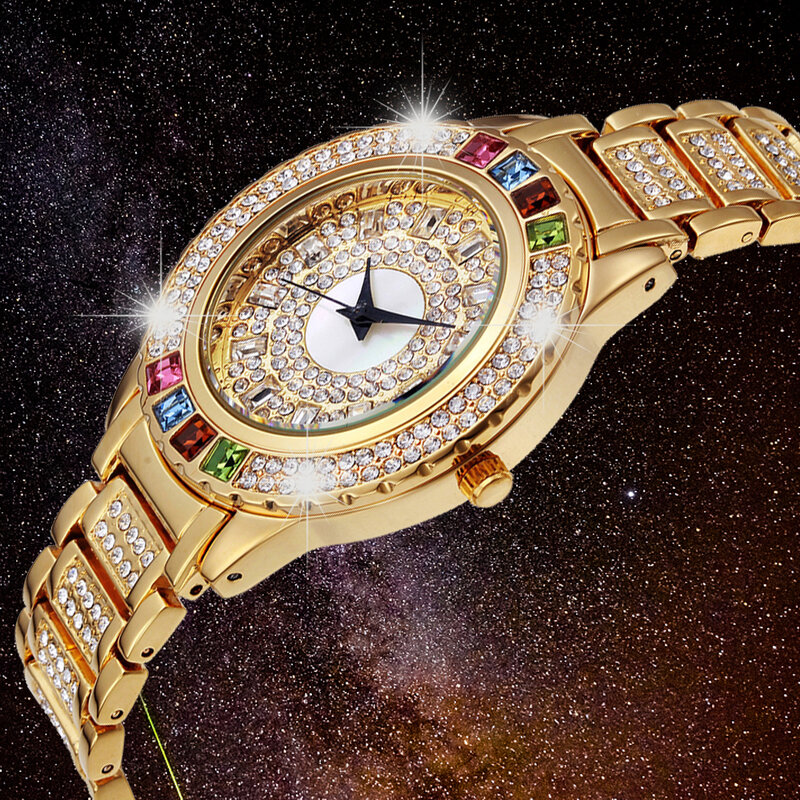 2021 genewa projektant panie oglądać luksusowe błyszczące diamenty kobiet kwarcowe zegarki moda złote zegarki na rękę z paskiem ice-out XFCS