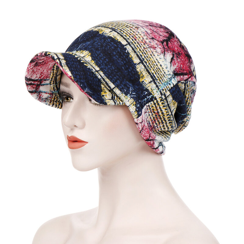 Fashion female hat with brim Floral Muslim Turban For Women Cotton Arab Indian hat Underscarf Caps Turbante Mujer chemo hat