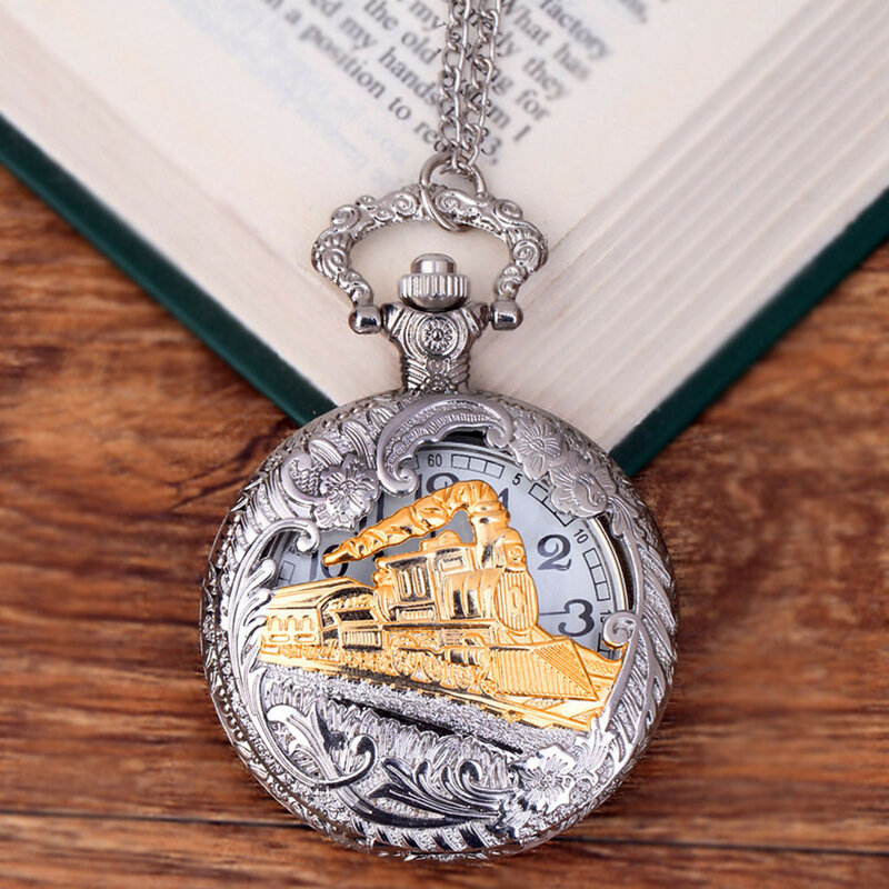 2022 New Train Locomotive Engine Pattern Hollow Cover Design Pocket Watch Necklace Pendant Chain Unisex Gifts Clock Cep Saati