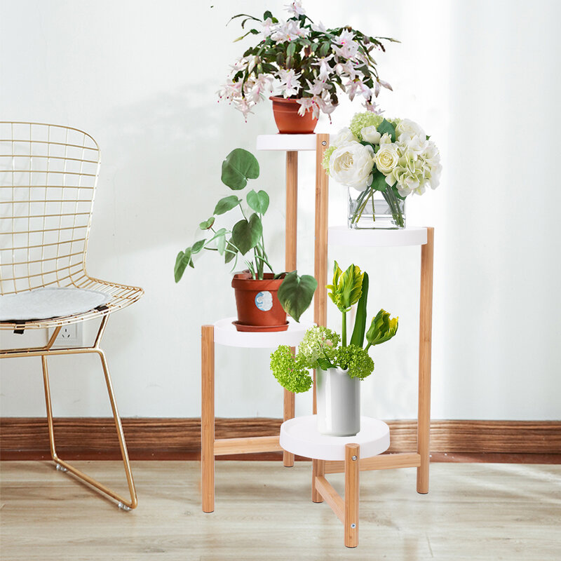 Suporte para vaso de plantas de bambu, prateleira elevada de canto interno com porta flores, para sala de estar, quarto e varanda, 4 camadas
