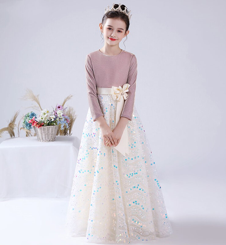 Dideymy-vestido brilhante de manga comprida com flor de lantejoulas para meninas, vestido de festa de aniversário com arco, vestido de dama de honra infantil