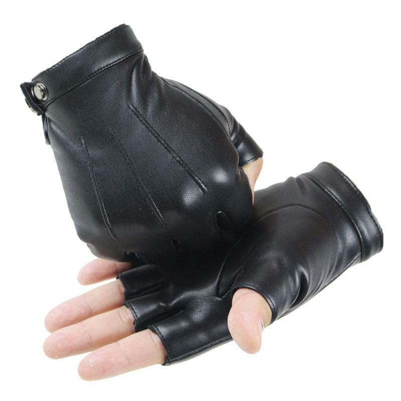 2020 Women Black PU Leather Fingerless Gloves Solid Female Button Warm Half Finger Driving Men motor Punk Gloves Thick Guantes
