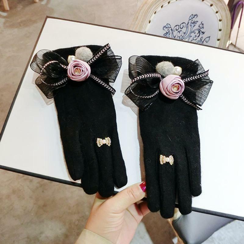 Retro Kleine Wierook Wind Eenvoudige Dames Camellia Dames Winter Handschoenen Koreaanse Mode Dikke Warme Touch Screen Handschoenen