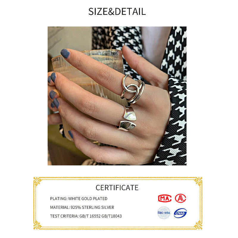 خاتم من الفضة الإسترليني عيار 925 للنساء ، مجوهرات هندسية متعددة الطبقات