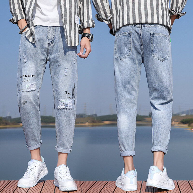 2021 nuovi Jeans da uomo primaverili ed estivi moda strappati pantaloni larghi alla caviglia maschili pantaloni dritti in Denim da uomo Casual