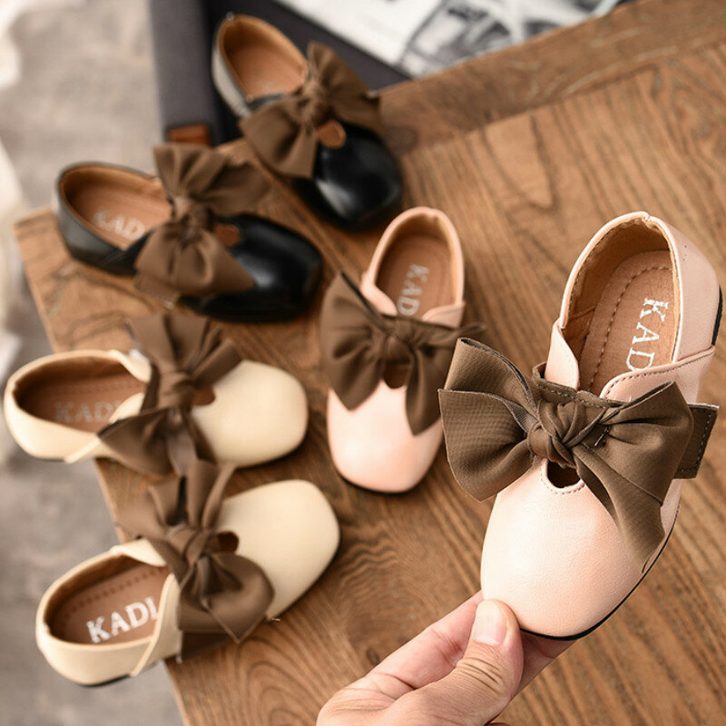Cute Princess Kids Leather Shoes for Girls Flower Casual Solid Color  ChildrenCasual Single Soft Bottom Girls Shoes with Bowknot