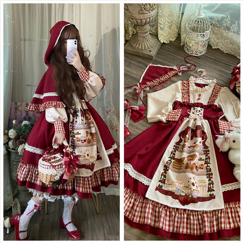 Vestido vitoriano gótico Lolita para meninas, capuchinho vermelho cosplay, capa vermelha de Natal ano novo vestido de manga longa op, contos de fadas