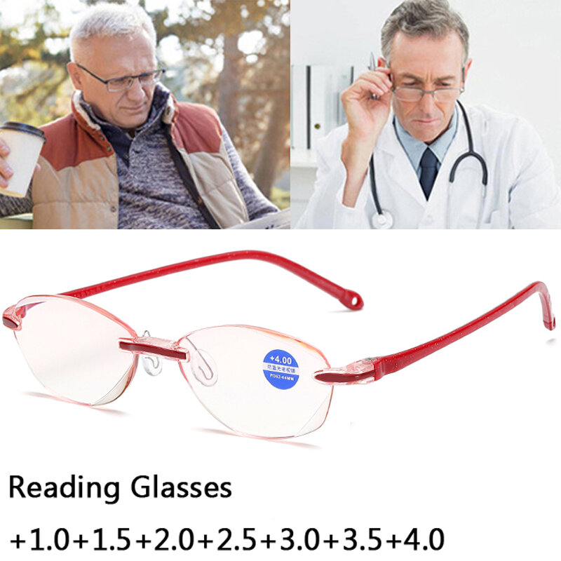 Anti Blue Lightแว่นตาอ่านหนังสือสายตายาวPresbyopiaหน่วยความจำHyperopia Framelessแว่นขยายแว่นตาRimless + 1.0 + 1.5 + 2.0 + 2.5 + 3.0 + 3.5 + 4.0