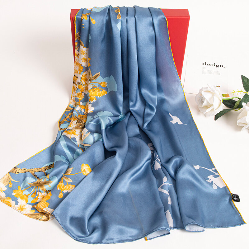 Women Pure Silk Long Scarf 190*85cm Real Silk Shawls Wraps Spring Lady's Neckerchief Luxury Real Silk Floral Printed Muffler