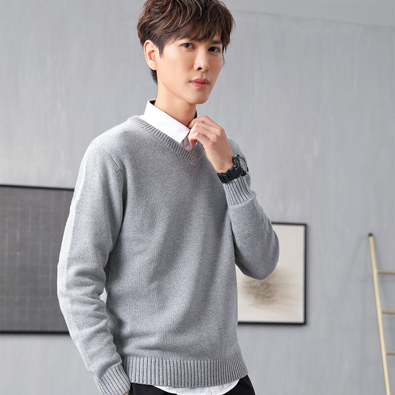 Sweater Pria V-Leher Berkerudung Musim Gugur dan Musim Dingin Baru Mahasiswa Muda Lengan Panjang Korea Kapas Bottoming Sweater Pria