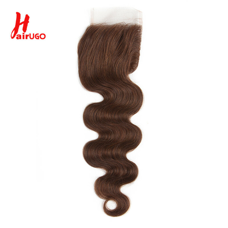 Hairugo #4 brown 4x4 fechamento do laço remy cabelo humano brasileiro chocolate #2 fechamento da onda do corpo com o cabelo do bebê mão amarrada transparente