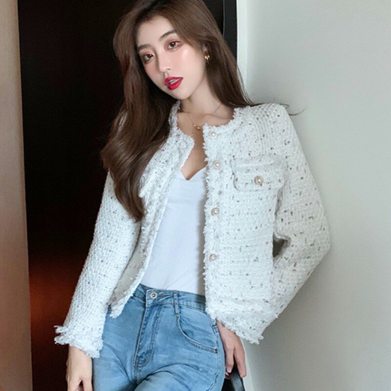 2022 Nieuwe Herfst Vrouwen Tweed Jas Hoge Kwaliteit Kleine Geur Parel Enkele Breasted Vrouwen Koreaanse Korte Elegante Jas
