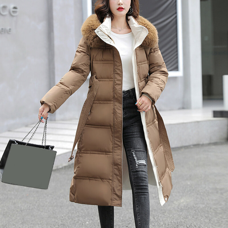 Parka grossa feminina com capuz super longo, casaco quente de inverno, jaqueta de algodão, outwear casual feminino, moda joelho