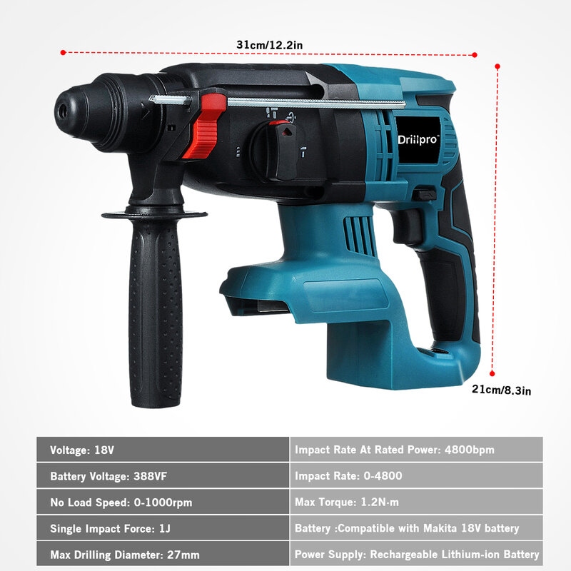 Drillpro 18V 4 Functions Electric Cordless Rotary Hammer Drill Rechargeable Hammer 27mm Impact Drilll For 18V Makita Battery