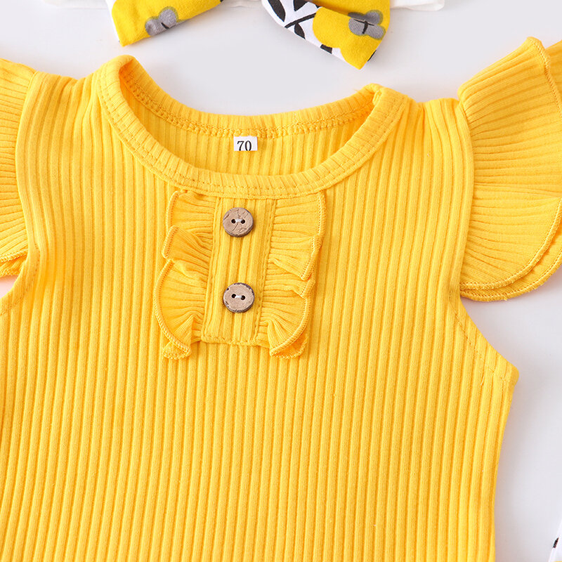 Set Baju Musim Panas Bayi Perempuan Celana Pendek Romper Ruffles Katun Rajut Bayi Baru Lahir Mode Bando Pita 3 Potong untuk Pakaian Balita