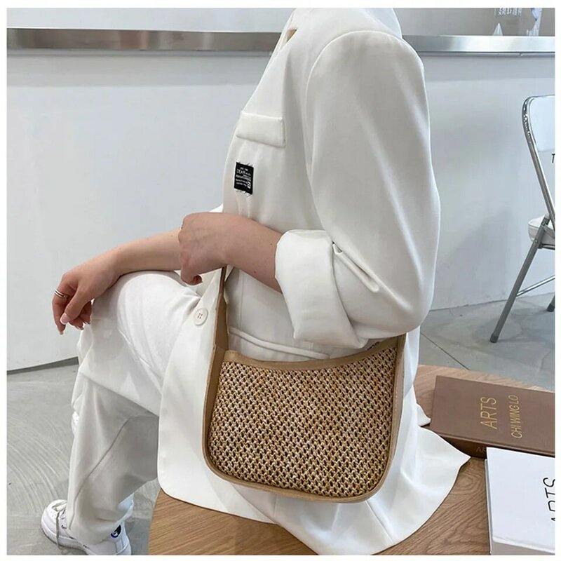 女性のための手織りストローショルダーバッグ,籐のビーチバッグ,シンプルなアンダーアームバッグ,2021