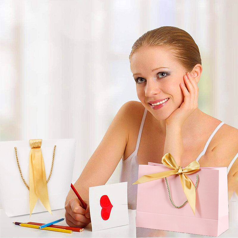 1pc Foldable Shopping Bag Women's Small Handbag Pretty Kraft Paper Handbag For Mall Store Shopping Packing Bags With Ribbon