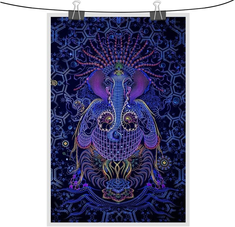 รังสีอัลตราไวโอเลตรูปแบบการออกแบบ Uniqued Trippy ผนังแขวน Ganesha พระพุทธรูปศิลปะ Psychedelic Tapestry
