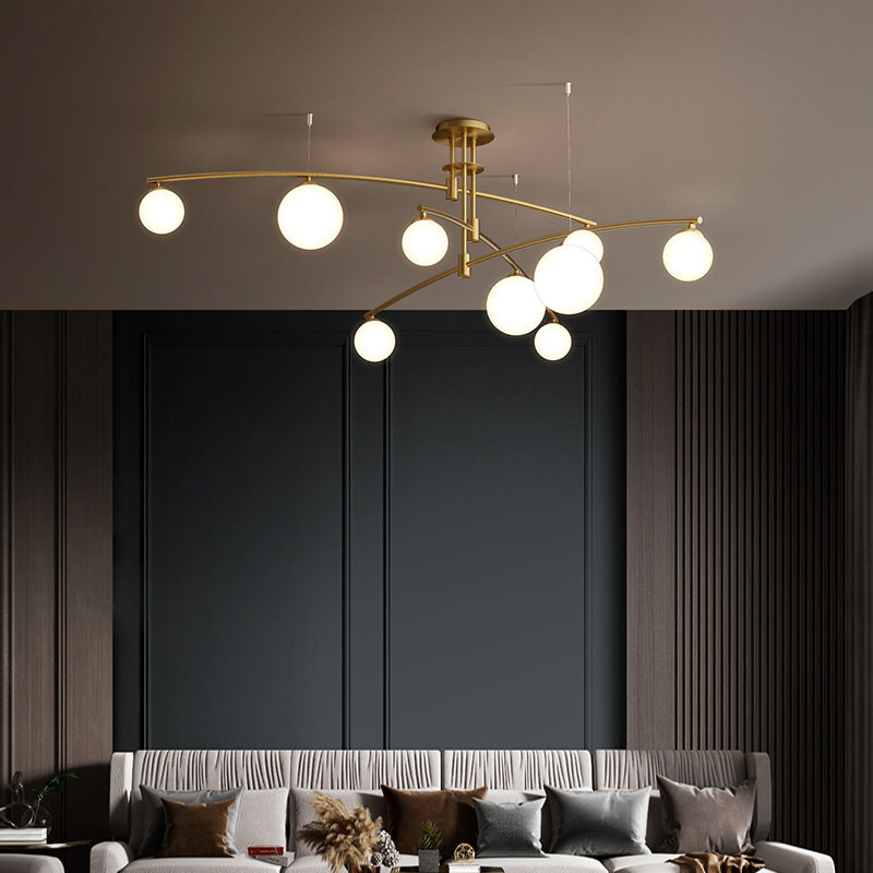 Lustre nórdico minimalista, para sala de estar, quarto, sala de jantar, sombra de vidro, preto e dourado