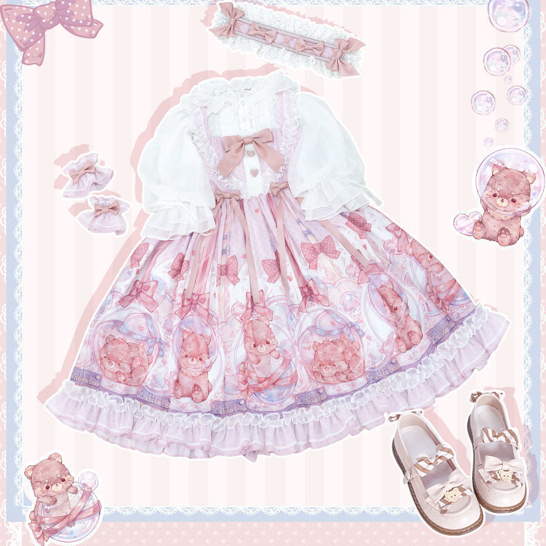 Słodka sukienka Lolita "Bubble Bear JSK" Jsk Dream Lolita styl japoński słodkie spotkanie przy herbacie księżniczka Gothic Kawaii sukienka na szelkach