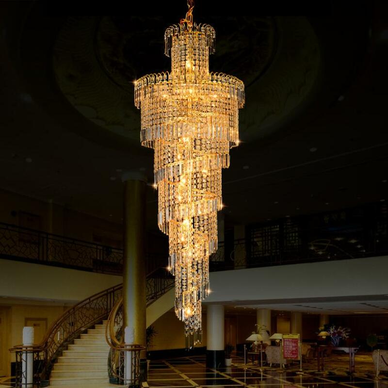Lustre k9 de cristal, grande, dourado, luxo, moderno, iluminação, led, alto luxo, interior, engenharia, hotel, escadas