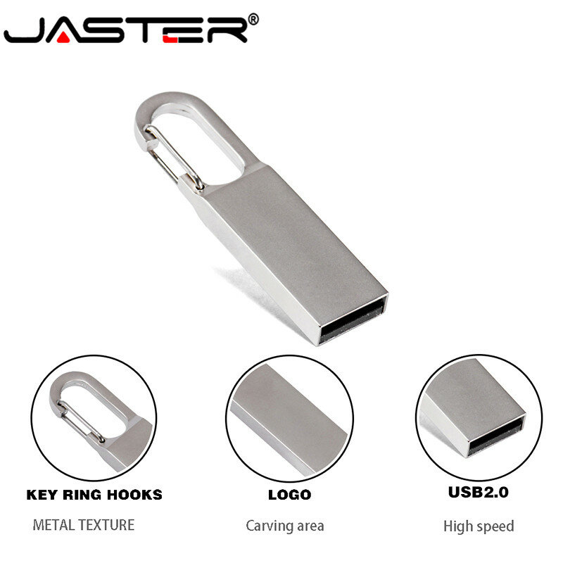 JASTER USB 2.0 Gantungan Kunci Logam USB Flash Drive Pen Drive 4GB 8GB 16GB 32GB 64GB 128GB Stik Memori (Lebih dari 10 Buah LOGO Gratis)