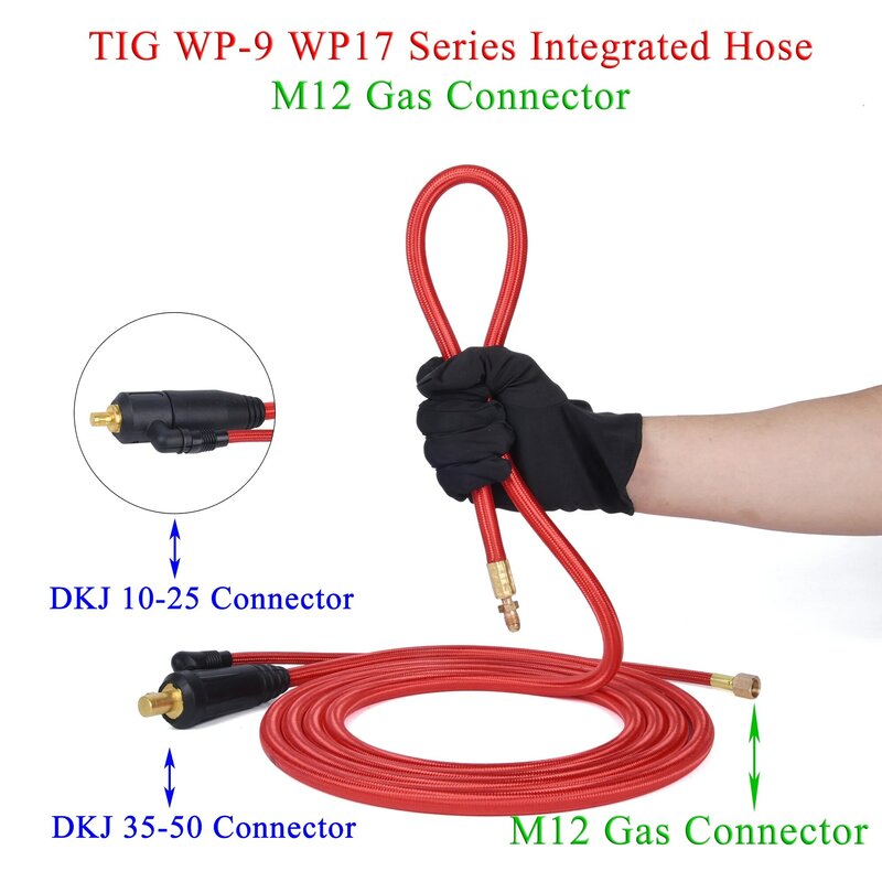 3.8/7.6m WP9 WP17 TIG Welding Torch Gas-Electric Integrated Red Soft Hose Cable Wires M12 DKJ 10-25 35-50 Euro Connector