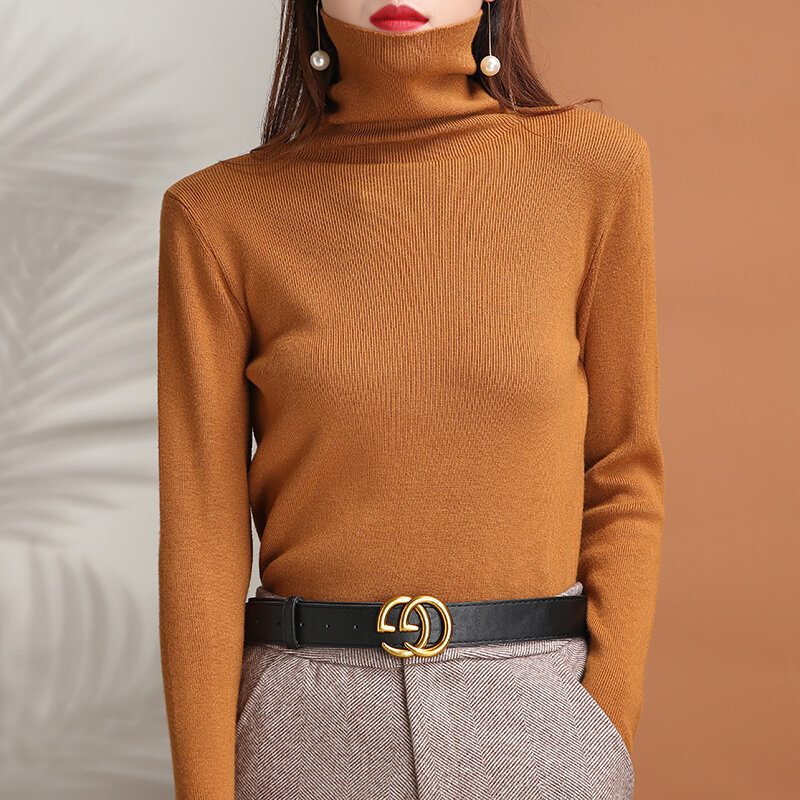 Wiosenny i jesienny nowy damska High-szyi wydłużony sweter sweter d³ugo z długim rękawem Slim Fit koreański mody, wbijania pali szyi bluzki z dzianiny Trend