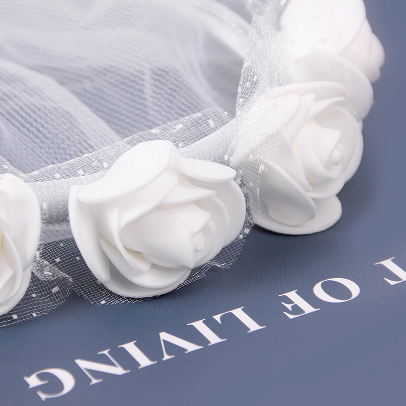 Fiori bianchi puri doppio strato lungo velo da sposa temperamento festa fata decorazione capelli velo puntelli foto