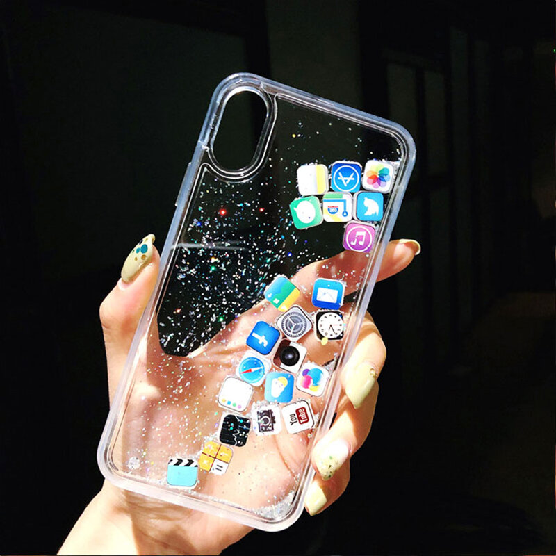 Para o iphone 6s 7 8 plus luxo dinâmico glitter líquido caso de telefone para o iphone 8 x xr xs max areia movediça capa bonito app ícone caso