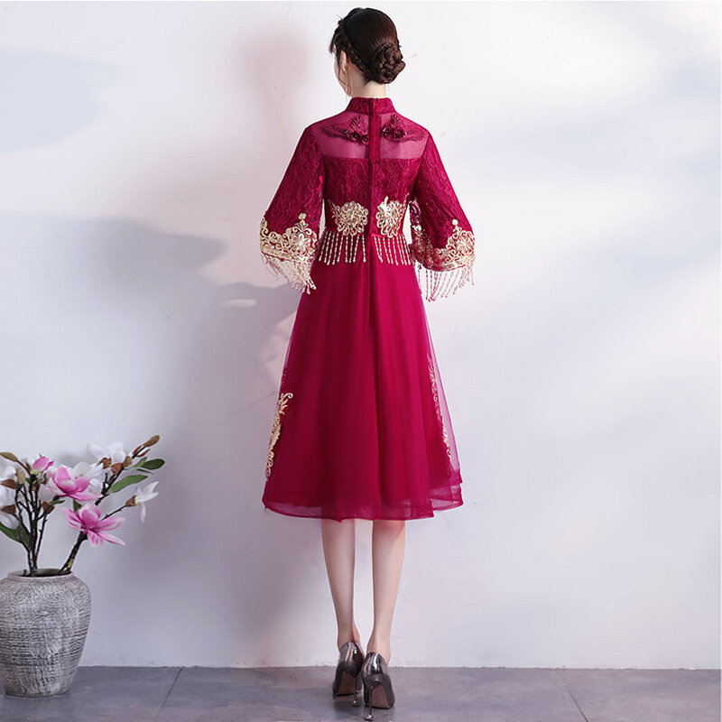 Chinese Covered Belly Wine Red Cheongsam Wedding Dress Polyester Lace Tassel Design High Waist Dress For Pregnant Woman ZL638