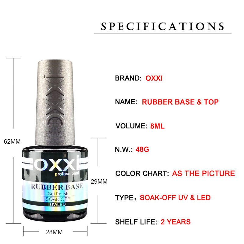 OXXI Semi-permanent Rubber Base for Gel Varnish 8ml Thick Base and Top Coat for Gel Polish Manicure Permanent Enamel Hybrid Nail