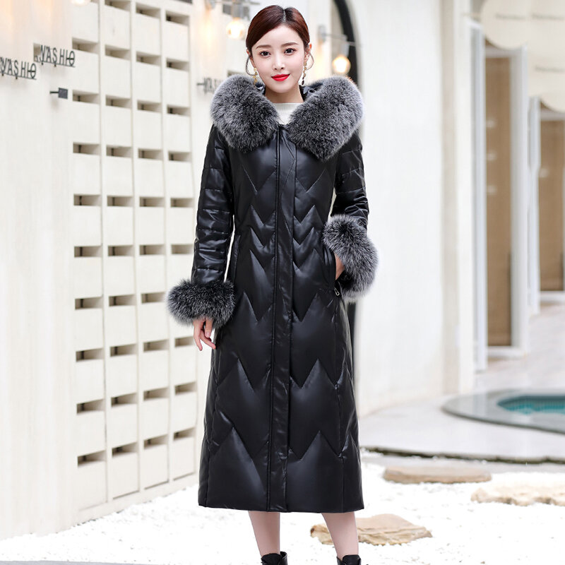 M-7XL Women Leather Down Overcoat Winter Fashion Real Fox Fur Collar Cuff Hooded Long Sheepskin Coat White Duck Down Outerwear