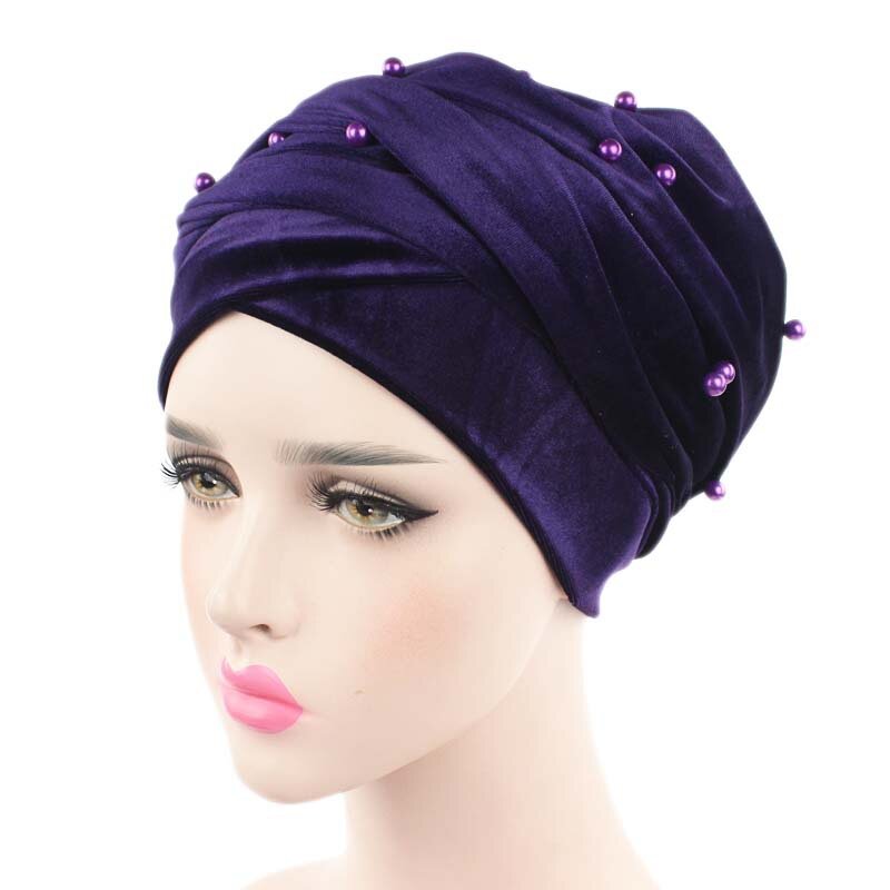 진주 구슬 여성용 Headscarf 부드러운 벨벳 Turban 모자 착용 준비 Hijab 스카프 Mulim 머리 랩 아프리카 모자
