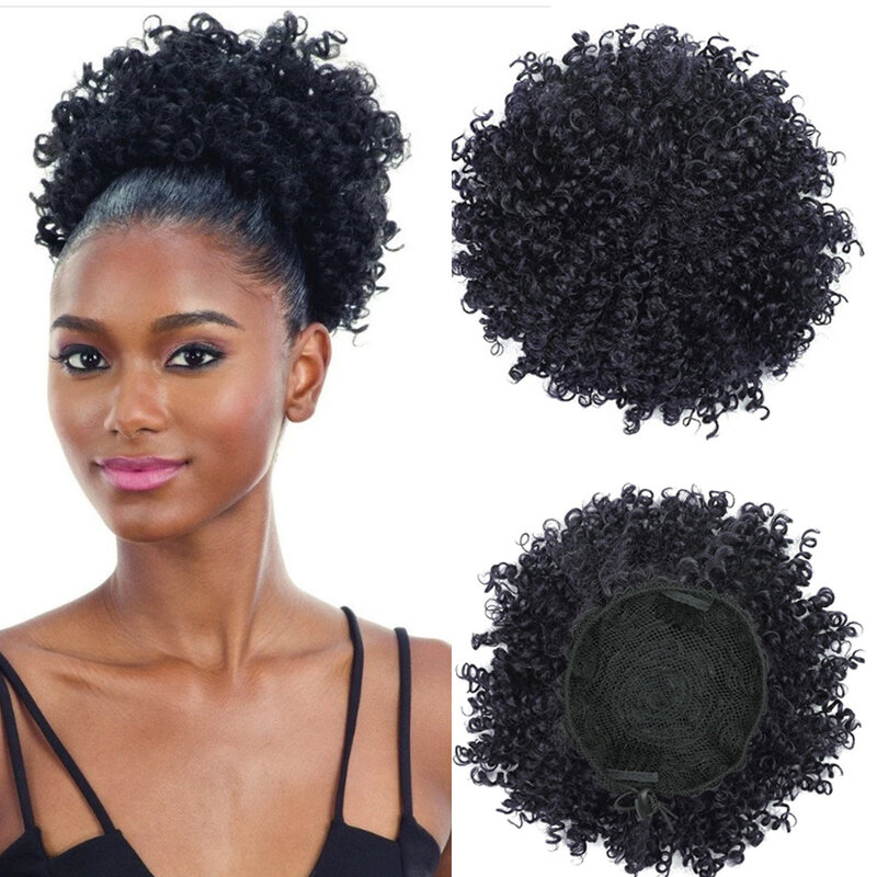 Peluca corta Afro Puff rizada con cordón para mujeres negras, coleta de pelo falso, moño, Updo, pelo sintético, 8 pulgadas