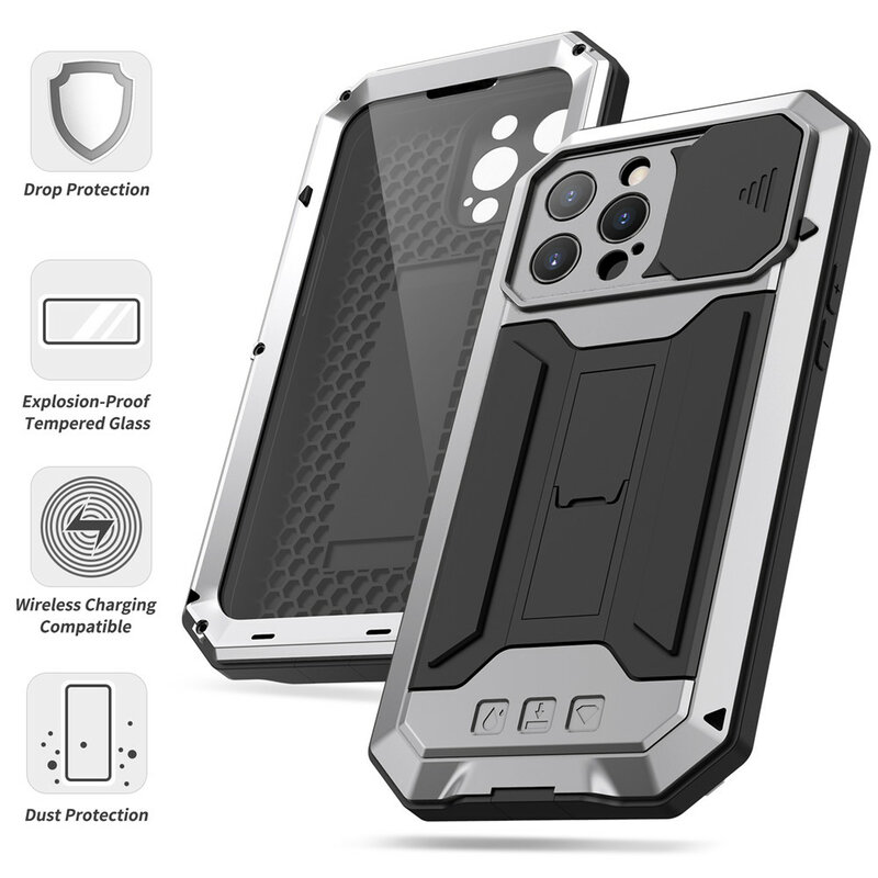 Heavy Duty Metal Aluminum Case For iPhone 14 13 15 Pro Max Military Grade Shockproof Bumpers Armor Kickstand Camera Slider Cases