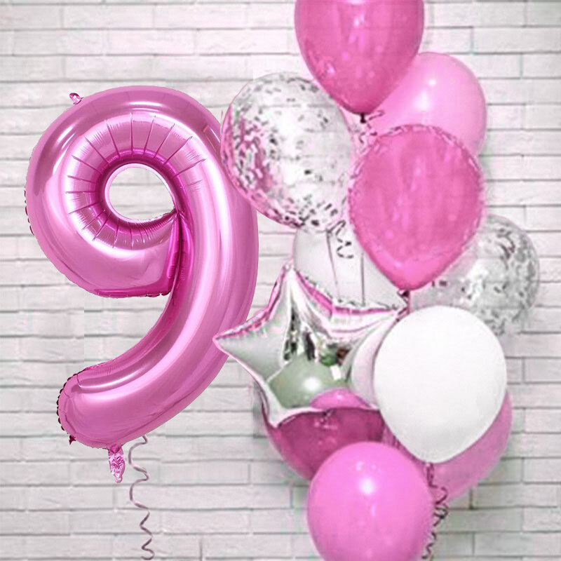 12pcs Pink Number Foil Balloon Birthday Party Decoration Latex Balloons Kids Baby Girl 1 2 3 4 5 6 7 8 9 Years Old 1st Birthday