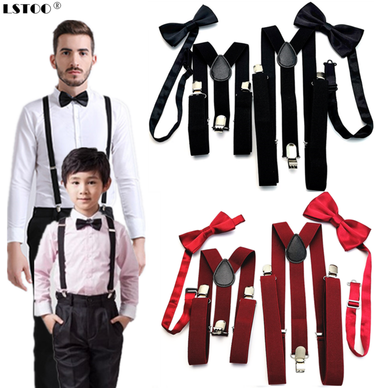 Unisex Parent-Kids Suspenders Bow Tie Set Adjustable Elastic Suspender Braces Bowtie Sets Solid Color Family Wedding Party Gift