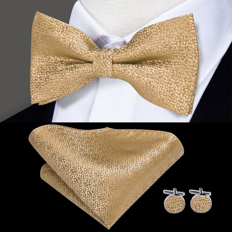 Hi-tie-豪華なゴールドの結婚式の蝶ネクタイ,男性用ポケット,正方形のカフスボタン,シルクリボン,ウェディングネクタイ