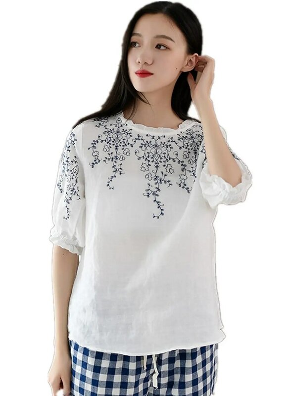 Shanghai Story-Blusa de lino y algodón, camisa bordada de estilo chino, estilo bohemio, para verano