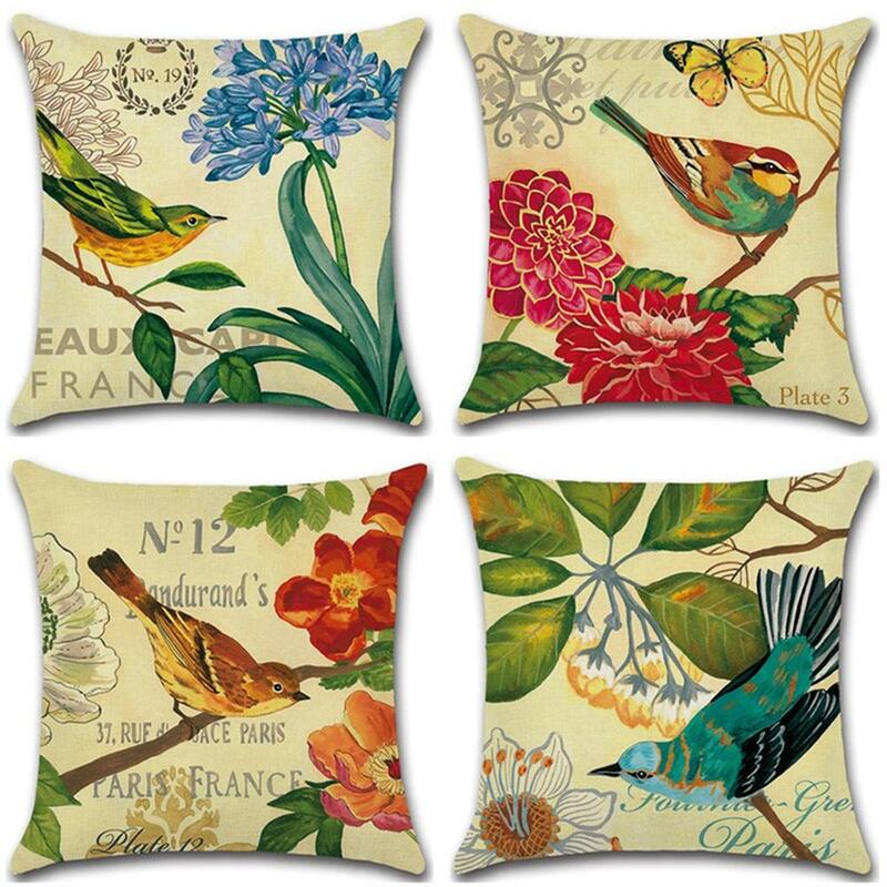 Fundas de almohada decorativas con diseño de pájaro, funda de almohada de lino y algodón, con dibujos de animales, kussensloop
