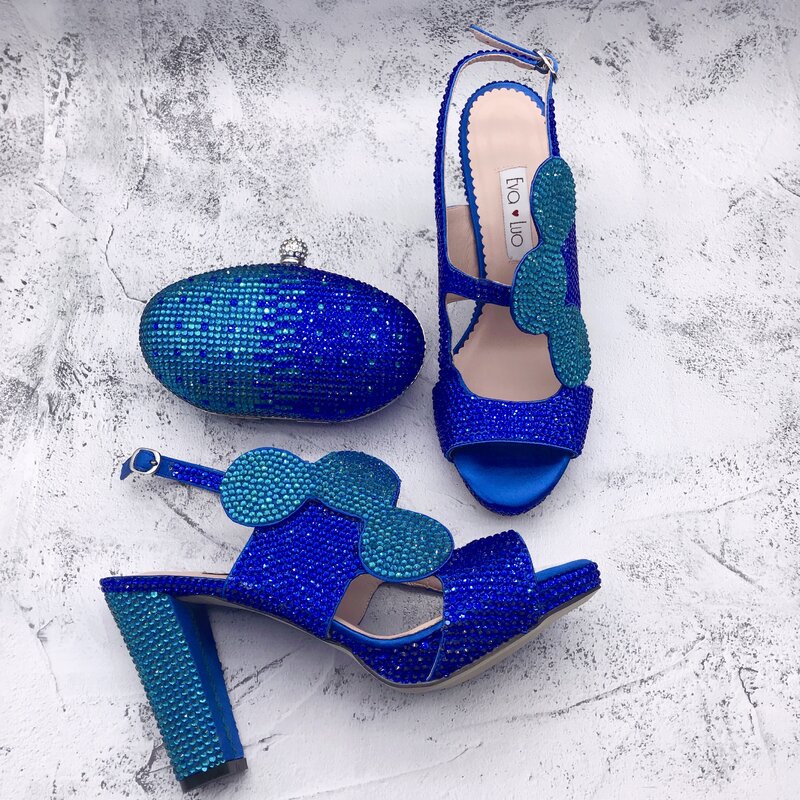Bs1434 customizável vários sapatos femininos de salto vestido sandálias festa turquesa cristal royal azul sapatos com saco conjunto correspondência