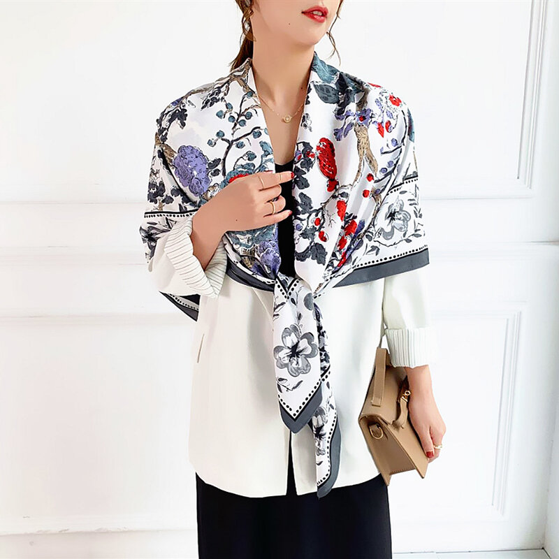 Bufanda de seda 100% para mujer, pañuelo cuadrado con estampado de flores, capa noble y hermosa, 130cm x 130cm, marca de lujo, nueva moda