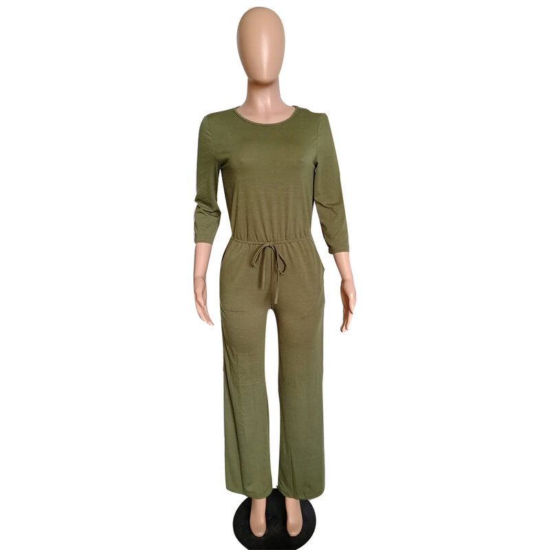 Mono holgado informal de manga larga para mujer, traje de pierna ancha, con pantalones de bolsillo, de una pieza, color sólido