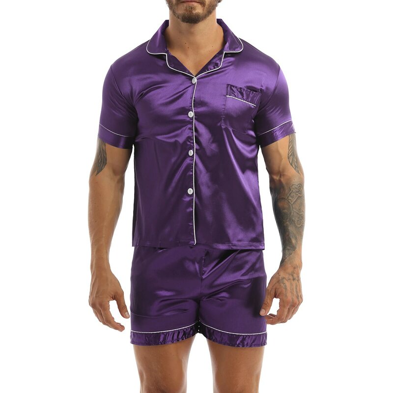 Conjunto de pijamas de satén sedoso para hombre, ropa de dormir de Color sólido, camiseta de manga corta con botones, Tops con cintura elástica, Bóxer corto